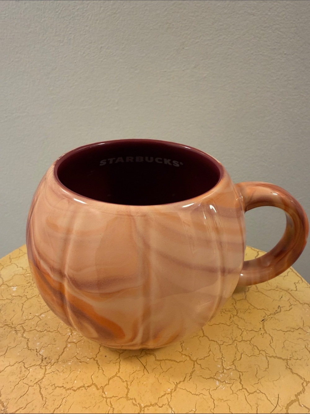 Starbucks Peach Swirl Ceramic Mug with Deep Maroon Interior